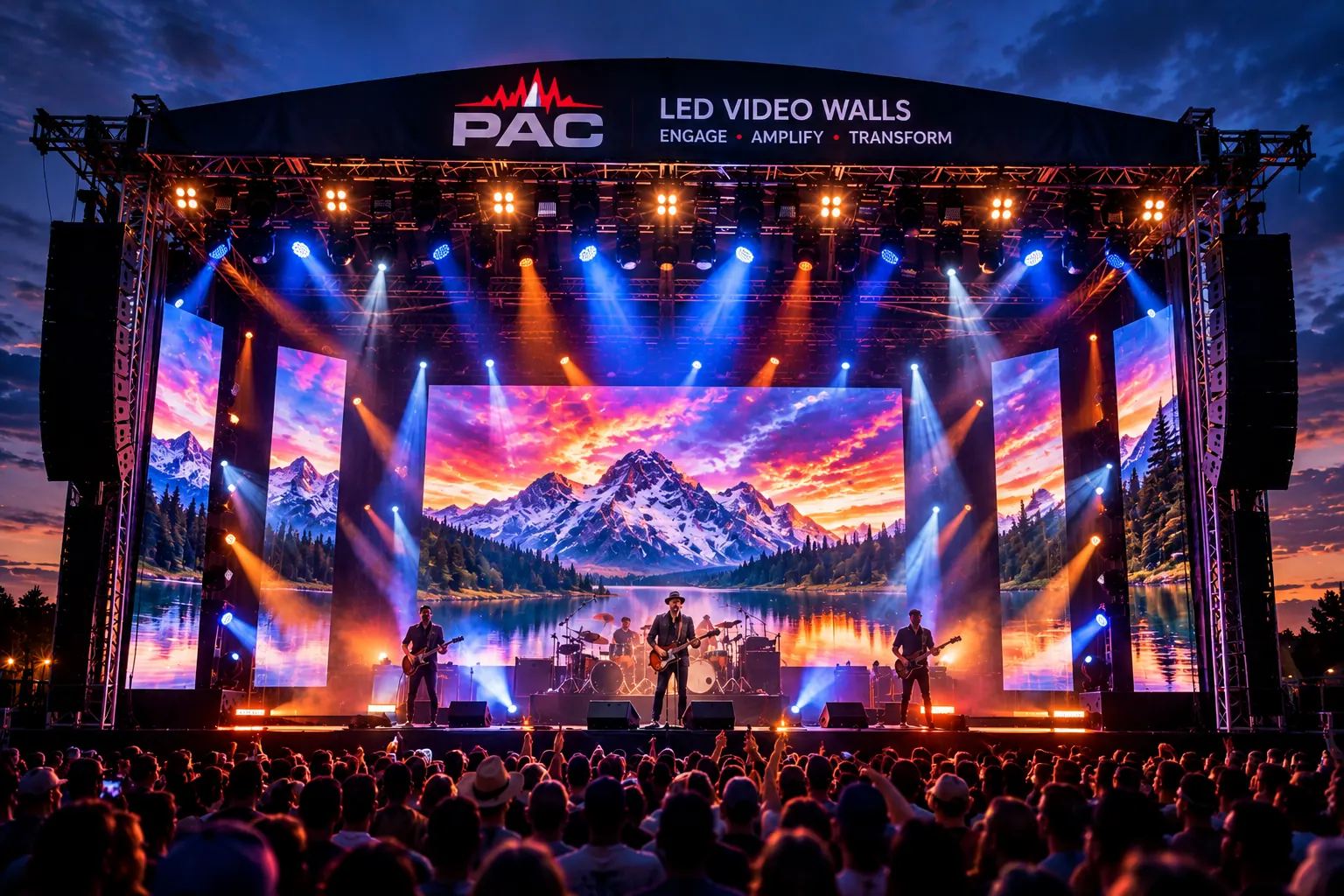Concert stage illuminated with dramatic colored beams