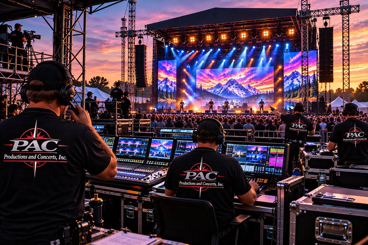 Conceptual production crew coordinating a concert from front of house